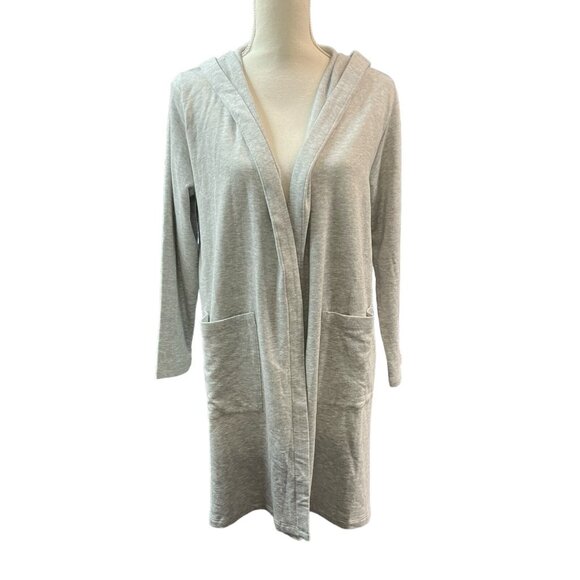 Eileen Fisher  Fleece Cardigan S Gray Hooded Open Front Athleisure Minimalist - Picture 1 of 11